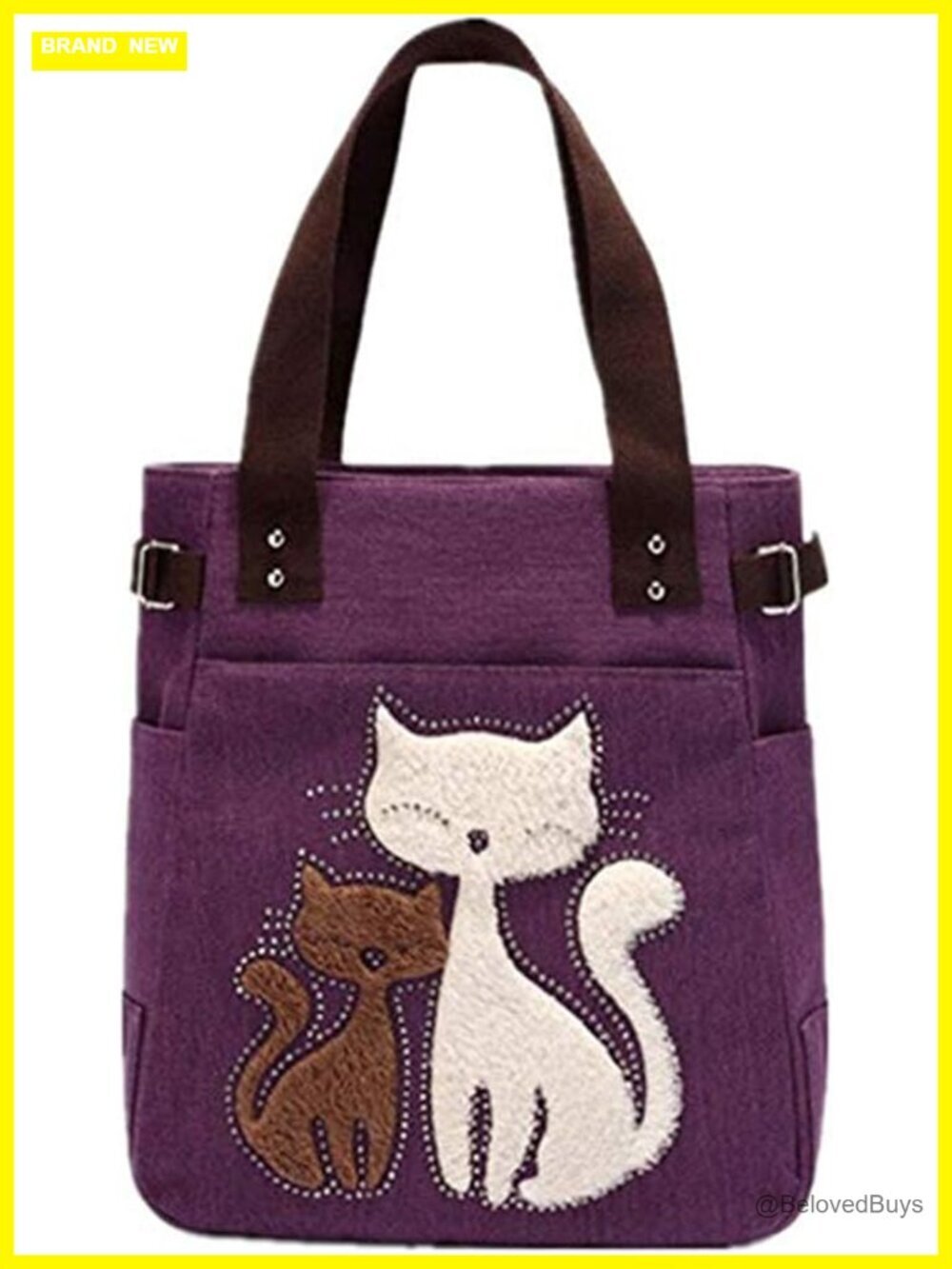 Canvas Tote Handbag with Cat Embroidery, Large Travel Work Bag Zipper
